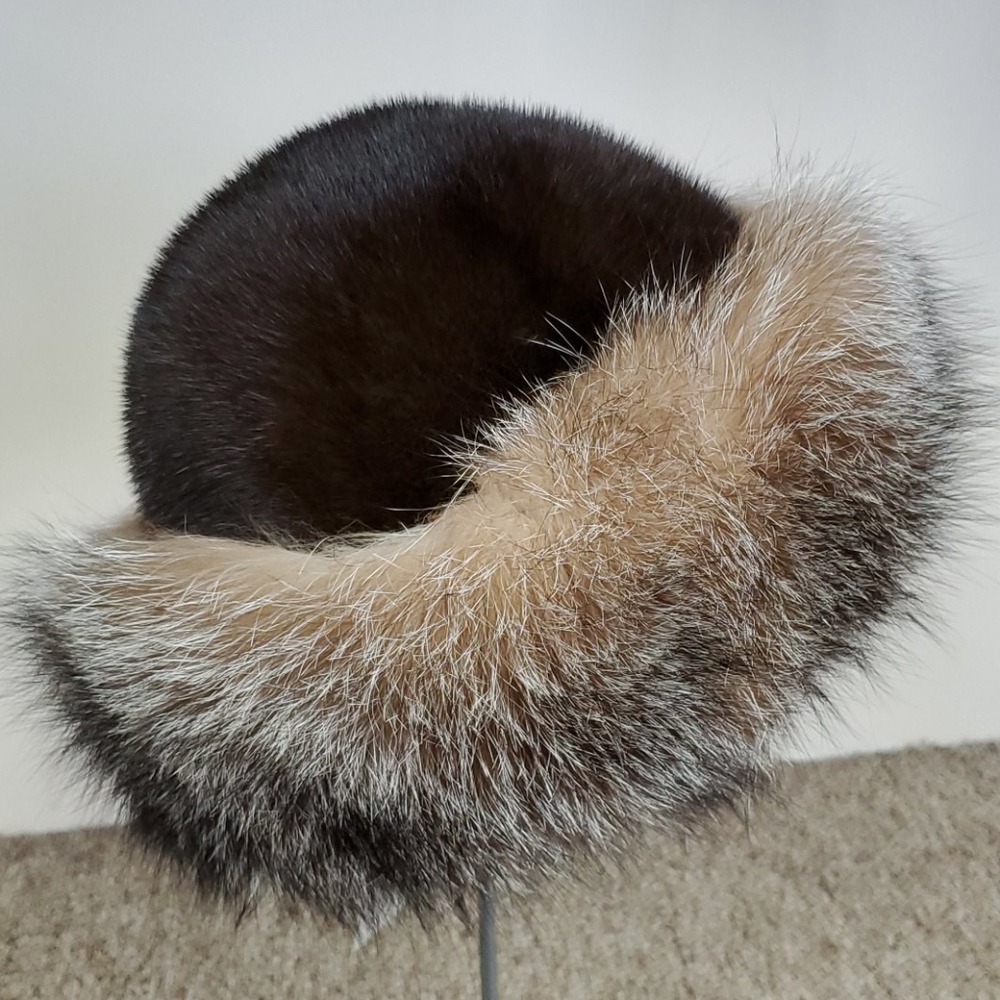 Mahogany Mink Fur Hat with Crystal Fox Fur Trim